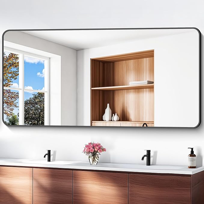 BONEWEI 72x36 inch Large Bathroom Mirror,Black Rectangle Mirror,Wall Mounted Bathroom Frame Vanity Mirror with Round Corner for Bedroom Living Room,Entryway Hangs Horizontal or Vertical