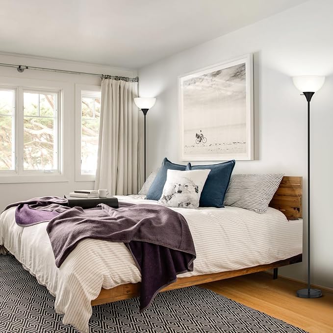 Floor Lamp, LED Standing Lamps with White Plastic Shade, Black Modern Torchiere Floor Lamp, Tall Lamps for Living Room Dorm, Bulb not Included