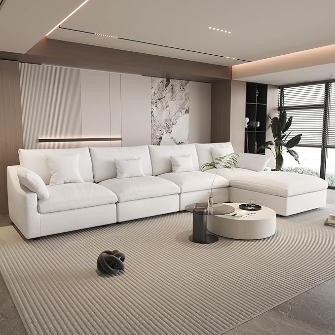 156" Cloud Couch Modular Sectional Sofa with Ottoman,L Shaped Down Couch, Down Filled Convertible Sofa,Cover Washable and Replaceable Couches for Living Room,White