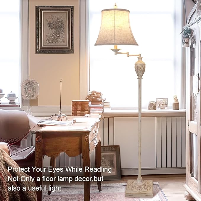 Traditional LED Floor Lamp with 350° Adjustable Swing Arm Lamp – Vintage Pole lamp Swing arm for Living Room, Bedroom and Office – Rustic Upright Floor Light for Home Décor with Faux Silk Fabric Shade