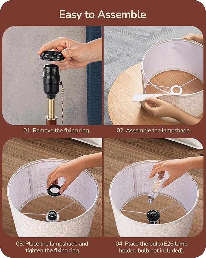 EDISHINE Mid Century Table Lamp, Bedside Lamp with Pull Chain Switch, Solid Wood & Metal Pole, Modern Nightstand Table Lamp for Living Room, Bedroom, Office, Frosted Bronze & Wood Finish