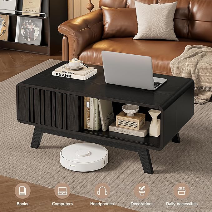 ONBRILL Coffee Table, Mid Century Modern Table with Storage Compartment, Fluted Table with Sliding Cabinet Door, Farmhouse Wood Coffee Table for Living Room (Black)