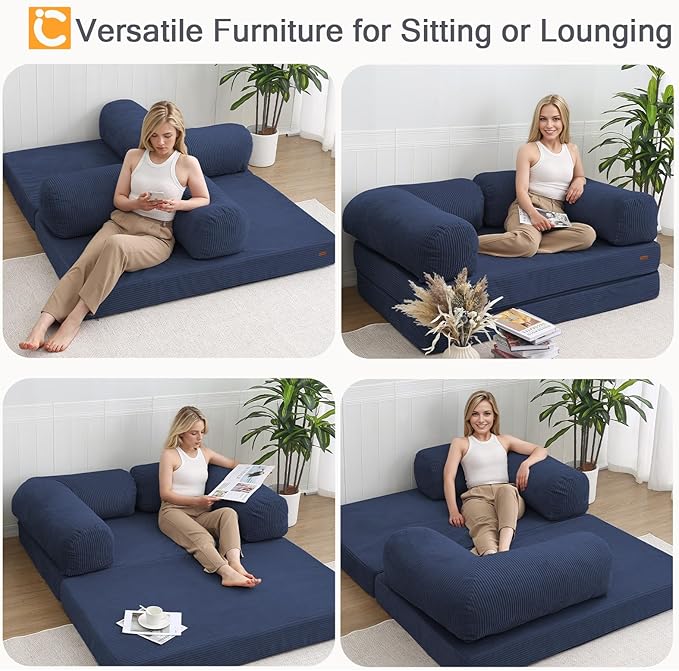 COMAX Futon Sofa Bed, 4-in-1 Floor Foldable Sofa Couch Bed Queen with L-Shaped Armrests, Convertible Folding Chair Bed Sleeper Mattress Fold Out Comfy Lounge for Living Room Bedroom, Dark Navy Blue
