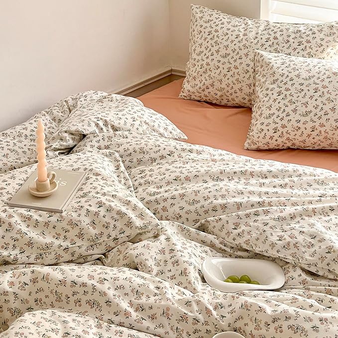 LifeTB Aesthetic Floral Duvet Cover King Cozy Boho Pink Flower Cotton Bedding Set Farmhouse Vintage Botanical Flower Duvet Cover Cute Floral Comforter Cover Girls Cottagecore Duvet Cover Set King