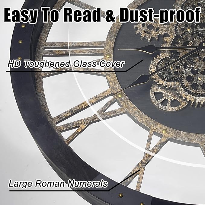 DORBOKER 40" Original Moving Gears Wall Clock, Large Industrial Wall Clock for Living Room Decor,Oversized Wood Vintage Farmhouse Steampunk Rustic Clocks for Wall Decor Vintage Black