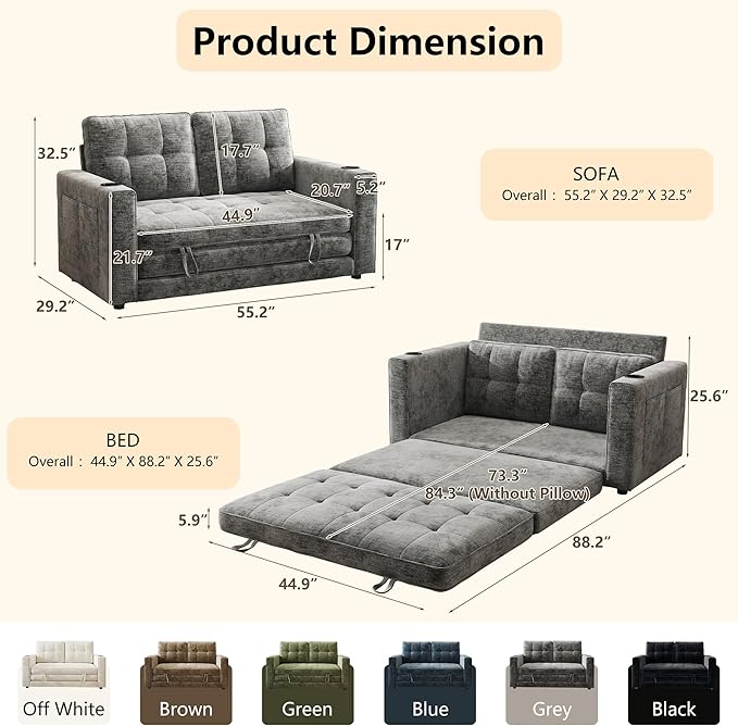 WorthFurni Convertible Sofa Bed, Folding Sofa Bed 2 in1 Pull Out Loveseat Sleeper Sofa, Floor Sofa Bed for Small Spaces Folding Couch Bed with Pillows for Living Room Bedroom - Grey