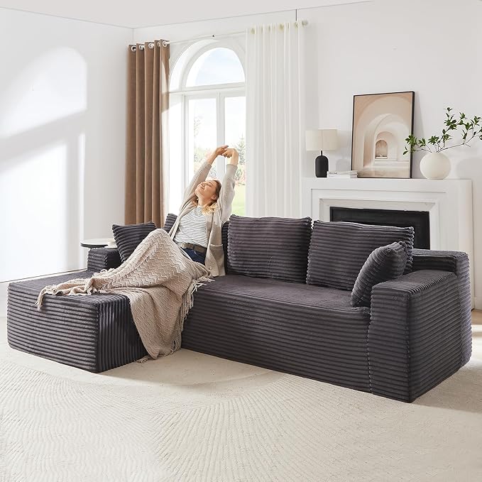 104 Inch Cloud Sectional Couch with L-Shape Chaise,Modern Upholstered Couches with Deep Seat,Corduroy Sponge Compressed Sofa for Living Room,No Assembly Required (Dark Grey)