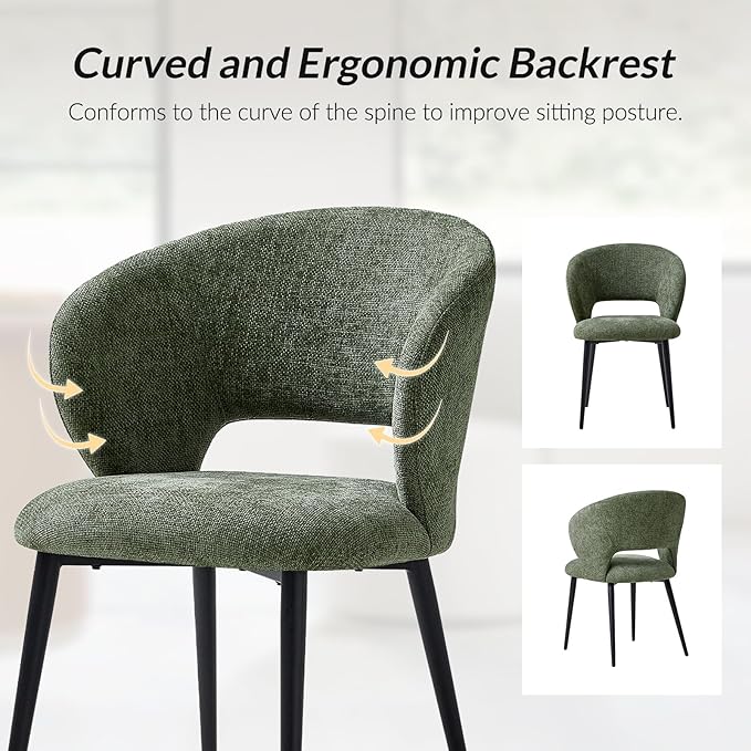 Contemporary Dining Chairs with Armrests – Ergonomic Soft-Padded Seat, Curved Backrest, Matte Black Metal Legs, Comfortable Kitchen & Dining Room Chairs, Set of 6