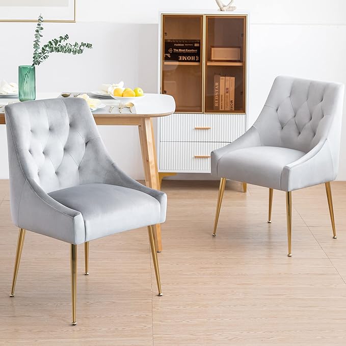 Modern Dining Chairs Set of 2, Mid Century Dining Chairs with 5.12” Cushions and Golden Legs, Velvet Upholstered Dining with Back Pull Rod, for Kitchen, Living Room, Grey