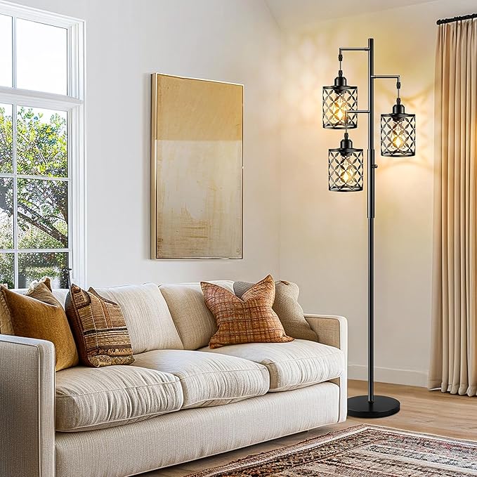 68" Dimmable Floor Lamp, Farmhouse Standing Lamp with Elegant Metal Cage, Industrial Tall Tree Floor Lamps for Living Room, Bedroom, Study Room, Office (2000LM LED Bulbs Included) - Black