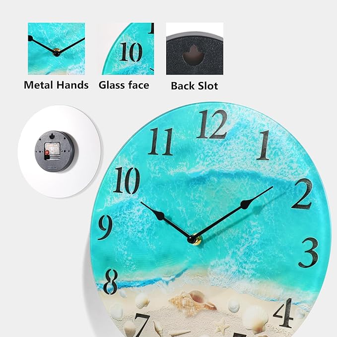 Coastal Nautical Glass Wall Clock with Seashell Design and Aesthetic Beach Theme - Battery Operated Silent Wall Decor for Home, Kitchen, Living Room, Office, Bedroom, or Bathroom (12 Inch,Teal)