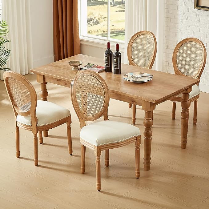 Nrizc French Country Dining Chairs Set of 4, Farmhouse Fabric Chairs with Round Back, Rattan Dining Chair, Oval Side Chairs for Dining Room/Living Room/Kitchen/Restaurant