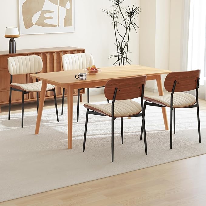 Modern PU Leather Dining Room Chairs Set of 4, Upholstered Kitchen Chairs with Curved Wood Backrest and Metal Legs Adjustable Feet for Kitchen Dining Room(Beige)