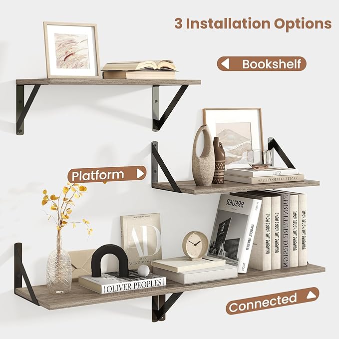 Axeman Floating Shelves for Wall, 16W x 8D Floating Shelves Set of 2, 8 Inch Deep Rustic Grey Wood Wall Mounted Shelves for Farmhouse Bookshelf Living Room Bedroom