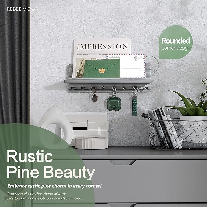 Rebee Vision Stylish Key Holder Wall Mount for Room Decor – Farmhouse Key Hanger with 8 Durable Hooks & Floating Shelf – Modern Hanger Organizer for Entryway, Living Room, or Office Decor (Gray)