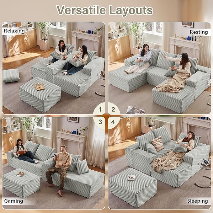 107" L-Shape Sofa with Ottoman, Modern Modular Sectional Comfy U-Shape Cloud Couch, Deep Seat, Upholstered Corduroy Sleeper Chaise Longue for Living Room Bedroom, No Assembly Required, Grey