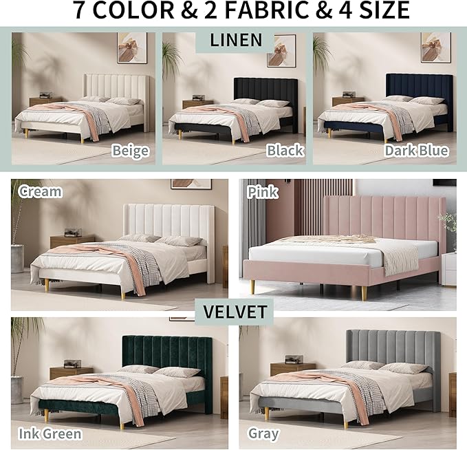 Twin Size Upholstered Platform Bed Frame with Modern Wingback & Vertical Panel Headboard, Velvet Fabric, Wooden Legs & Slats Support, No Box Spring Needed, Noise-Free & Easy Assembly, Ink Green