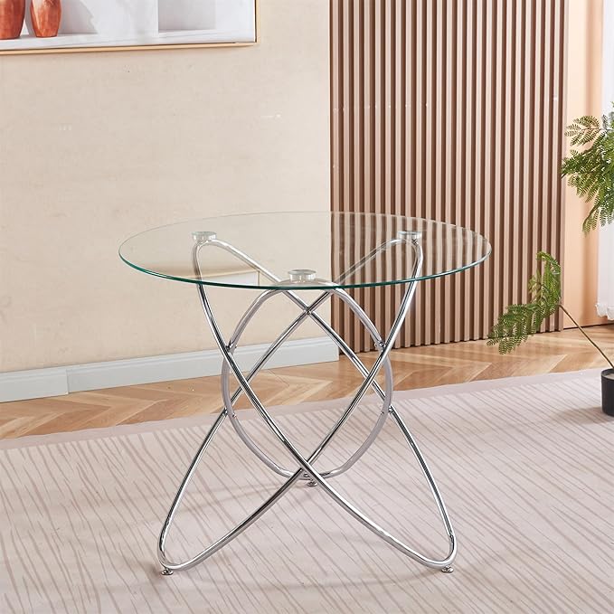 35.4" Round Dining Table for 4, Modern Clear Glass Kitchen Table for 4 with Chrome Metal Legs, Compact Small Circle Dining Room Leisure Tables for Kitchen Apartment