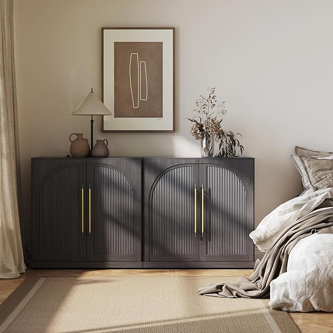 BELLEZE Set of 2 Modular Sideboard with Double-Arc Wood Doors, Small Arched Buffet Cabinet with Storage and Adjustable Shelves, Classic Modern Credenza for Dining Room, Living Room or Entryway(Ebony)