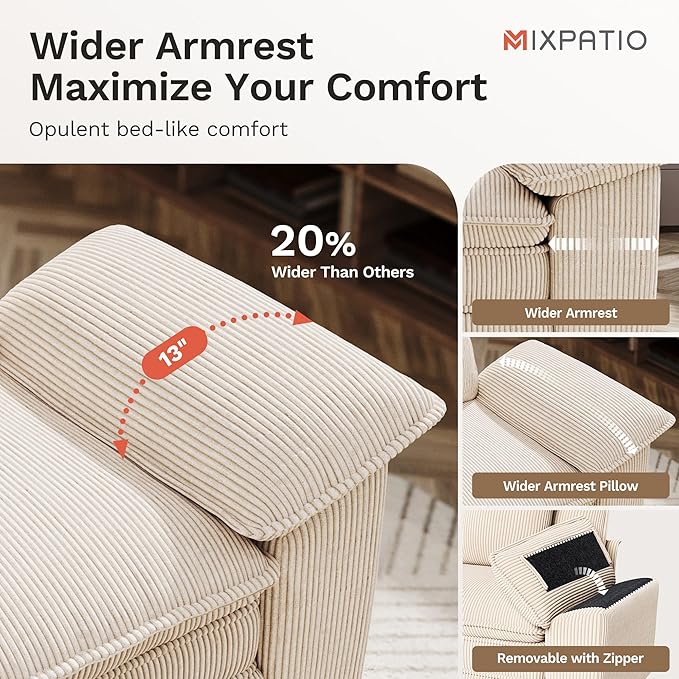 U-Shaped Cloud Modular Sofa Set, Deep Seat 3-Piece 6-Seater Sectional Couch & Removable Arms, Plush Corduroy for Living Room - Beige