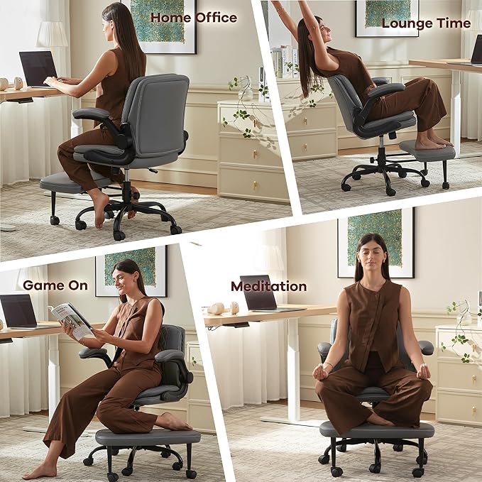Cross Legged Office Chair: ADHD Criss Cross Desk Chair with Wheels & Stretchable Rotating Footrest - Height Adjustable Wide Yoga Kneeling Meditation Chair with Flip-up Armrests Back Support