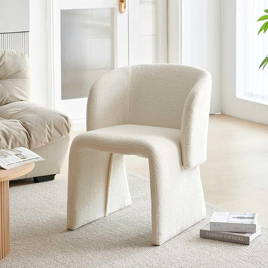 Modern Dining Chair Upholstered Off White Teddy Velvet Barrel Home Kitchen Single Sofa Chair Comfy with Metal Frame for Living Room,Bedroom