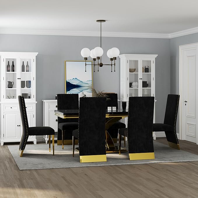 AUZ Black Velvet Dining Chairs Set of 2, Black and Gold Dining Chairs with Nailhead Trim and Polished Gold Legs, Gorgeous Upholstered Kitchen and Dining Room Chairs