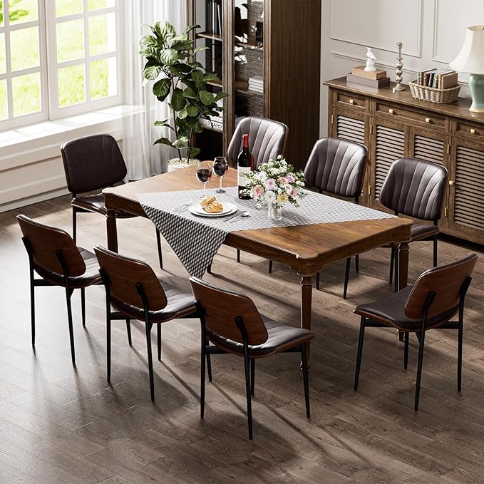 Dining Chairs Set of 6, Dining Room and Kitchen Chairs, Mid Century Modern Accent Chair, Upholstered PU Leather Chairs for Vanity with Walnut Bentwood and Metal Legs, Brown
