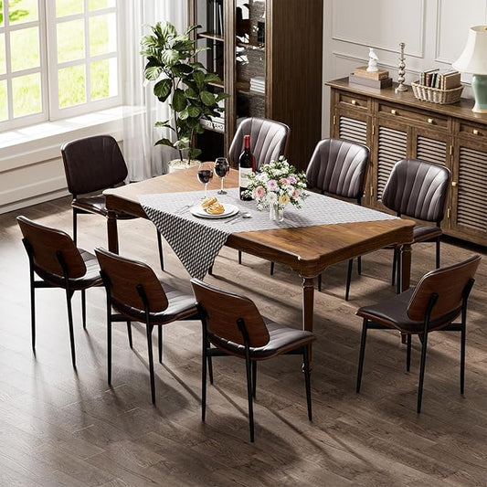 Dining Chairs Set of 8, Dining Room and Kitchen Chairs, Mid Century Modern Accent Chair, Upholstered PU Leather Chairs for Vanity with Walnut Bentwood and Metal Legs, Brown