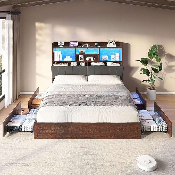Full Farmhouse Bed Frame with Bookcase Headboard and 4 Drawers, LED Storage Bed with Charging Station & Linen Upholstered, No Box Spring Needed, Reclaimed Barnwood