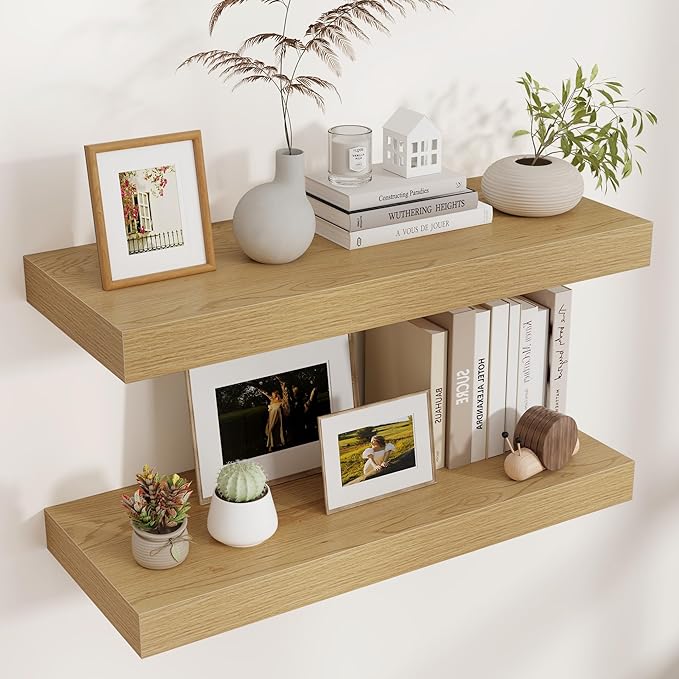 Floating Shelves for Wall, 30" W x 12" D x 2" H, 2 Pack of Long Wall Mounted Engineered Wood Shelves with Invisible Brackets for Living Room, Bedroom, Bathroom, Kitchen Decor, Oak