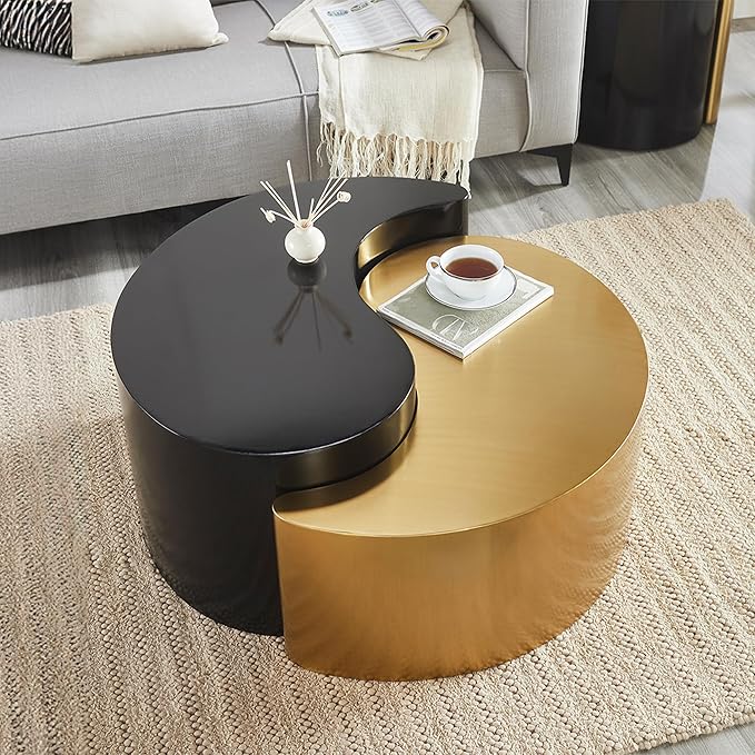 Modern Contemporary Luxury Ying-Yang 36" Coffee Table Set, Sculptural Design with Aluminum Frame for Living Room, Entryway, Home & Office, Black & Gold Dual Tone Coffee Table