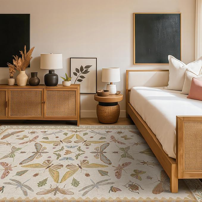 Beige and Yellow 5x7 Boho Rug for Living Room - Foyer Rugs for Entryway, Bedroom, Nursery Room, Insect Butterfly Bug Print, Washable Stain Resistant Home Décor