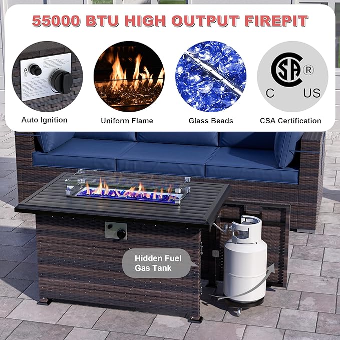 Kurapika 11 Pieces Patio Furniture Set, Rattan Wicker Outdoor Conversation Sets w/43in Propane Fire Pit Table, Swivel Rocking Chairs Patio Sectional Sofa w/4" Cushion, Navy Blue