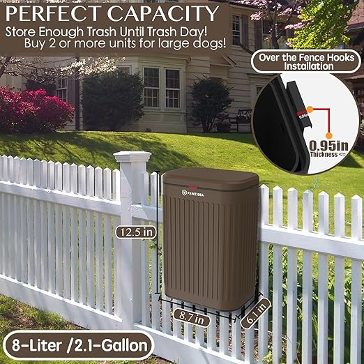 PAWZIDEA Wall Mount Dog Poop Trash Can Outside, 2.1 Gallon Small Dog Waste Bin with Lid, Activated Carbon Odor Control, Waterproof Metal Pet Waste Disposal Container, Fence Hang Poop Proof Garbage Can