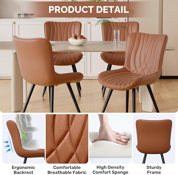 Dining Chair Set of 4 PU Leather Dining Room Chairs Upholstered Comfy Dining Chairs Modern Kitchen Armless Side Chair with Sturdy Metal Legs,Umber