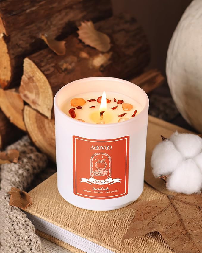 AOOVOO Apple Pie Scented Candles for Women - Aromatherapy Candle with Crystals Inside, 10oz Soy Candles for Home Scented, Birthday Gifts Christmas Candle for Women Mom