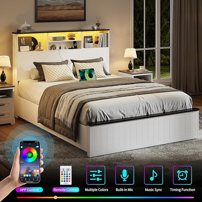 Yoobure Queen Bed Frame with Headboard - Farmhouse Wood Bed Frames Queen Size with 4 Storage Drawers, Platform Beds with Charging Station & LED Light, No Noise Double Bedframe, No Box Spring Needed