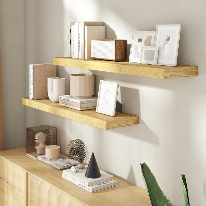 40 Inch Floating Shelves for Wall, 8 Inch Deep Floating Shelf for Storage & Display, Rustic Wall Mounted Shelf with Invisible Brackets for Living Room, Kitchen, Bathroom, Home Decor, Set of 2, Oak