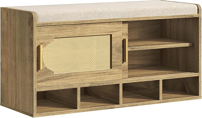 39.4" Wide Shoe Storage Bench, 2-Tier Rattan-Style Shoe Bench with Cushion Seat and 4 Open Compartments, Double Sliding Door and Adjustable Shelves, for Entryway, Hallway, Natural Pecan