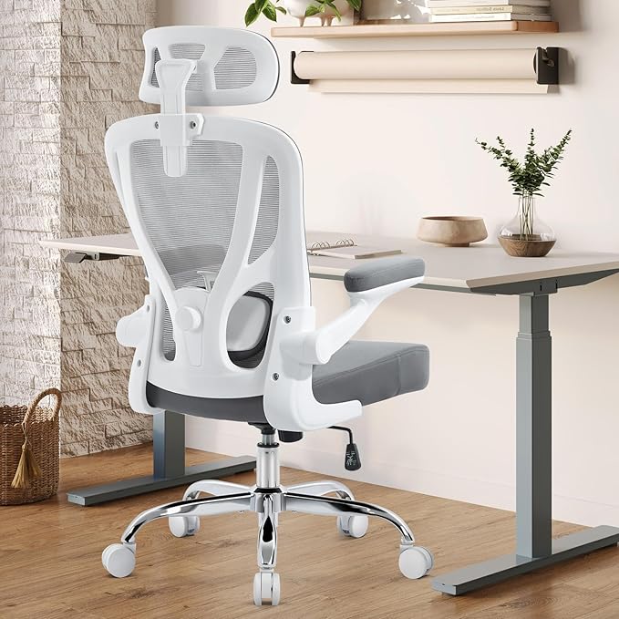 Office Chair Ergonomic Office Chair with Lumbar Support, Head Support, Rocking Function, FILP-up Armrests, Mesh High Back Chair Home Office Desk Chair, Suitable for Home, Office, Grey