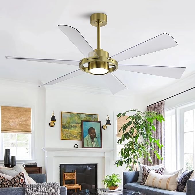 ELEHINSER 60" Ceiling Fan with Lights - 6 ABS Plastic Blades, 3 Downrods, 6-Speed Reversible DC Motor, 3CCT, Windmill Ceiling Fan for Kitchen Bedroom Living Room, Brass and Transparent