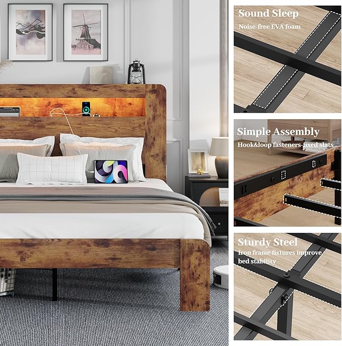King Size Wooden Bed Frame with Bookcace Storage Headboard, Rustic Farmhouse Bedframe with LED Lights and Charging Station, Sturdy and Stable, Slat Support, No Box Spring Required (Brown, King)
