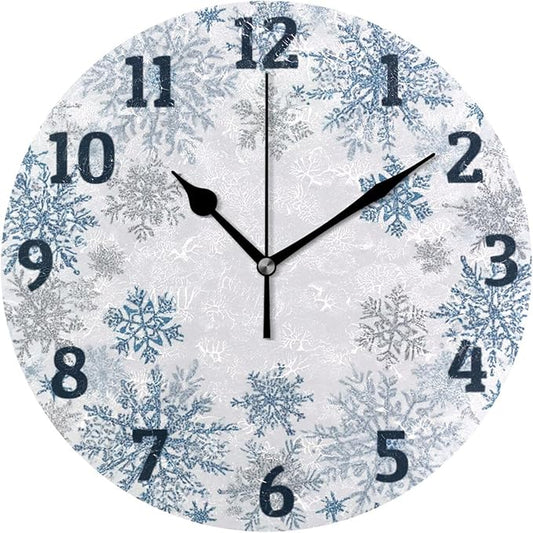 Christmas Wall Clock Blue and White Snowflake Silent Non Ticking Wall Clock Decorative Battery Operated Wall Clocks 10 Inch for Home Kitchen Bedroom Living Room Office