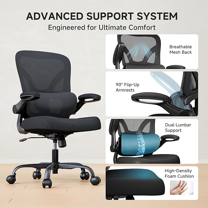 Office Chair with Adjustable Lumbar Support, Home Office Desk Chair with Flip-up Armrests, 330 lbs Mesh Computer Chair for Long Day Use, Black
