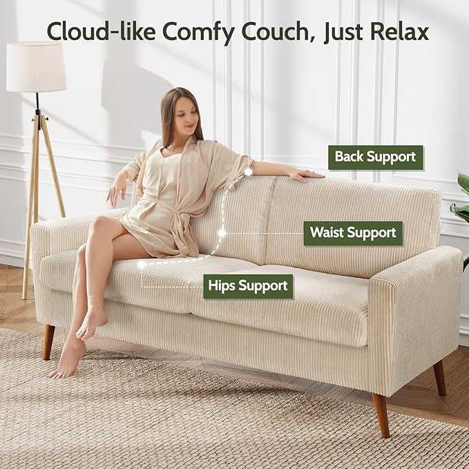 WEUP 68" Loveseat Sofa Beige Corduroy Couch, Mid Century Modern Love Seat Couches for Living Room, Small Loveseat for Bedroom Office, Comfy Sofa with Spring Cushion, Solid Wood, Tool-Free Assembly