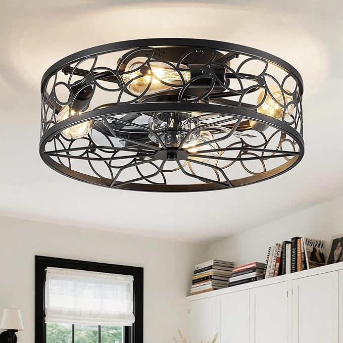 LEDIARY 20 Inch Caged Ceiling Fans with Lights, Black Flush Mount Ceiling Fan with Remote, Low Profile Bladeless Ceiling Fan Light Fixture for Bedroom, Kitchen, Dining Room