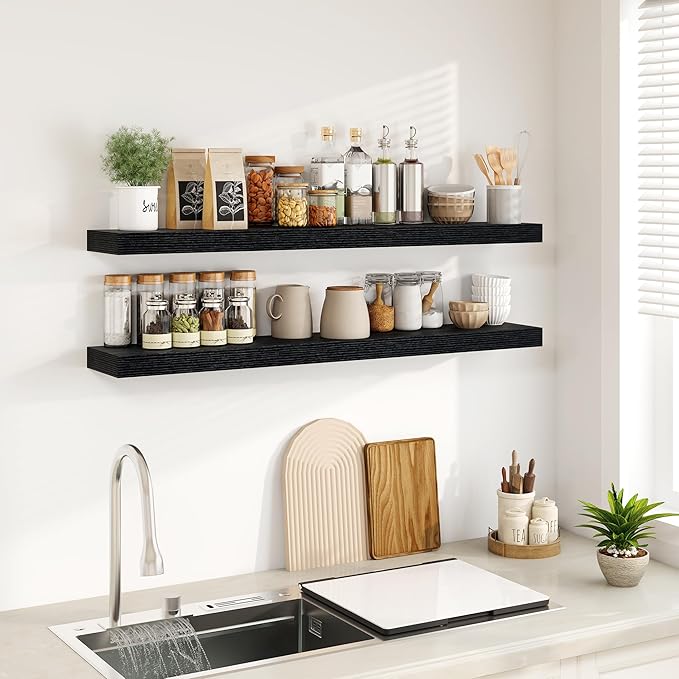 Fun Memories Floating Shelves for Wall, 48Inch Floating Shelves Set of 2, Hanging Shelf with Invisible Brackets, Wood Shelves for Living Room, Bedroom, Kitchen, Black
