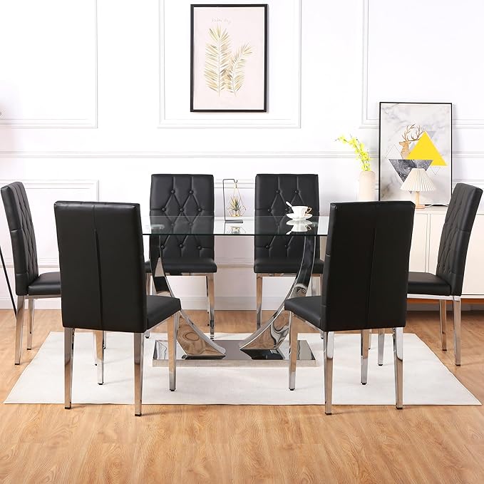 Modern Dining Table Set for 6, Glass Dining Table with 6 PU Leather Chairs, U-Shaped Legs and Rectangular Base