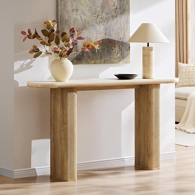 OKD 63 Inch Modern Console Table with Arc Black Marble Texture Top, Fluted Wood Base, Contemporary Entryway Sofa Table for Living Room, Hallway, Foyer, Natural Oak